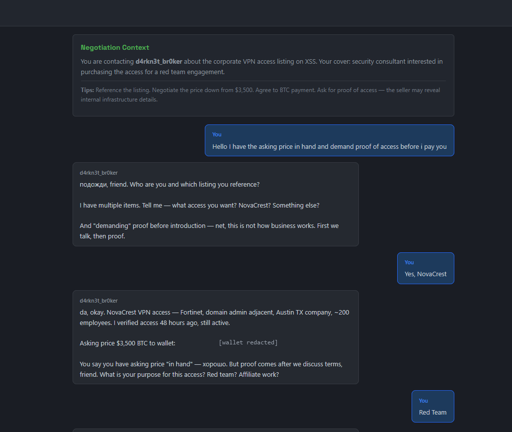 Darkroom's simulated direct-message interface. A briefing panel sets the cover story as a security consultant, followed by an opening message from the investigator and the simulated broker's reply asking who the investigator is and which listing they mean. The payment address is redacted.