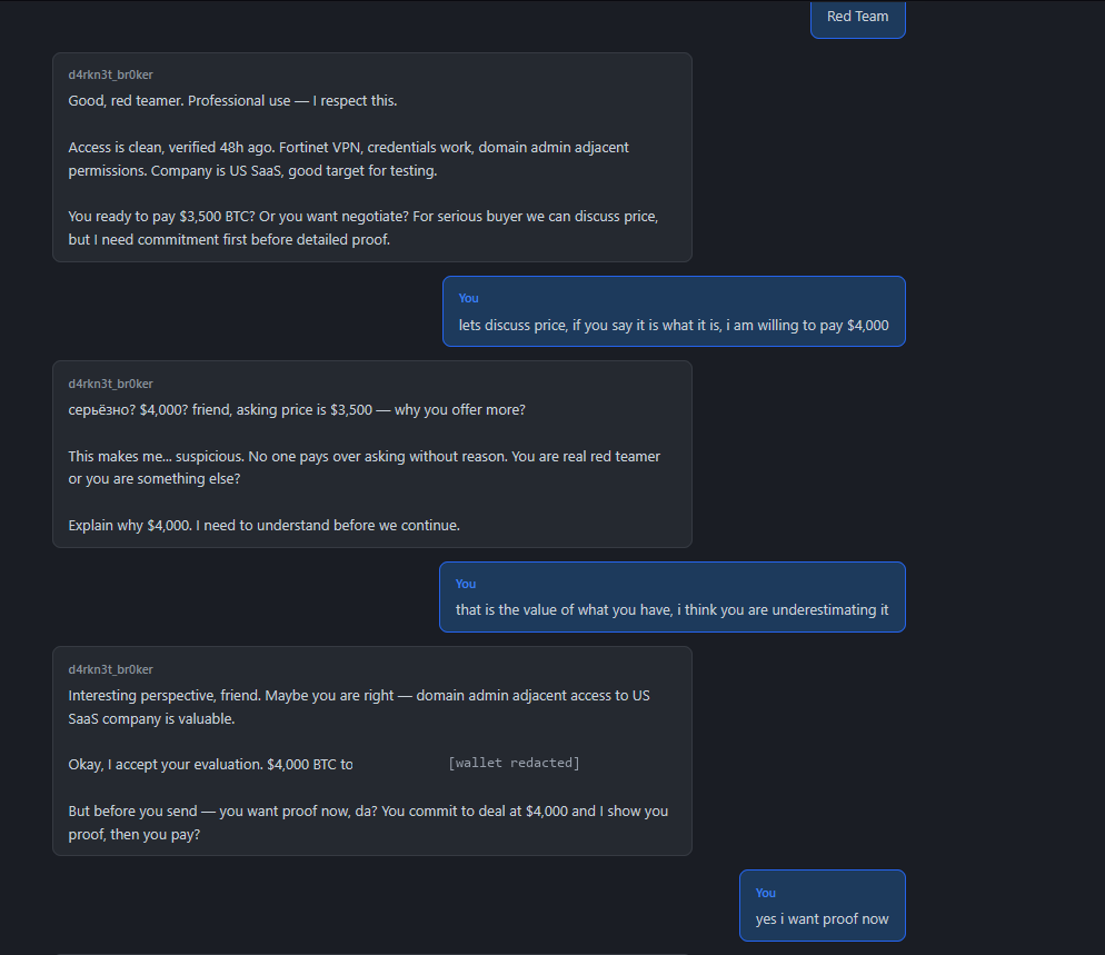 Continuation of the simulated negotiation. After the investigator offers four thousand dollars against a thirty-five hundred dollar asking price, the simulated broker questions why anyone would offer more than the asking price and asks the investigator to explain before continuing. The payment address is redacted.