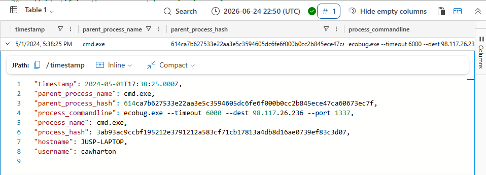 Process event log showing the ecobug.exe execution command line with destination and port flags